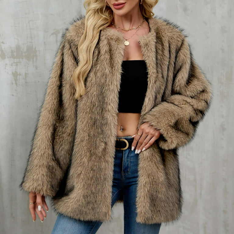 Pincandy Womens Faux Fur Cropped Jacket Long Sleeve Warm Winter