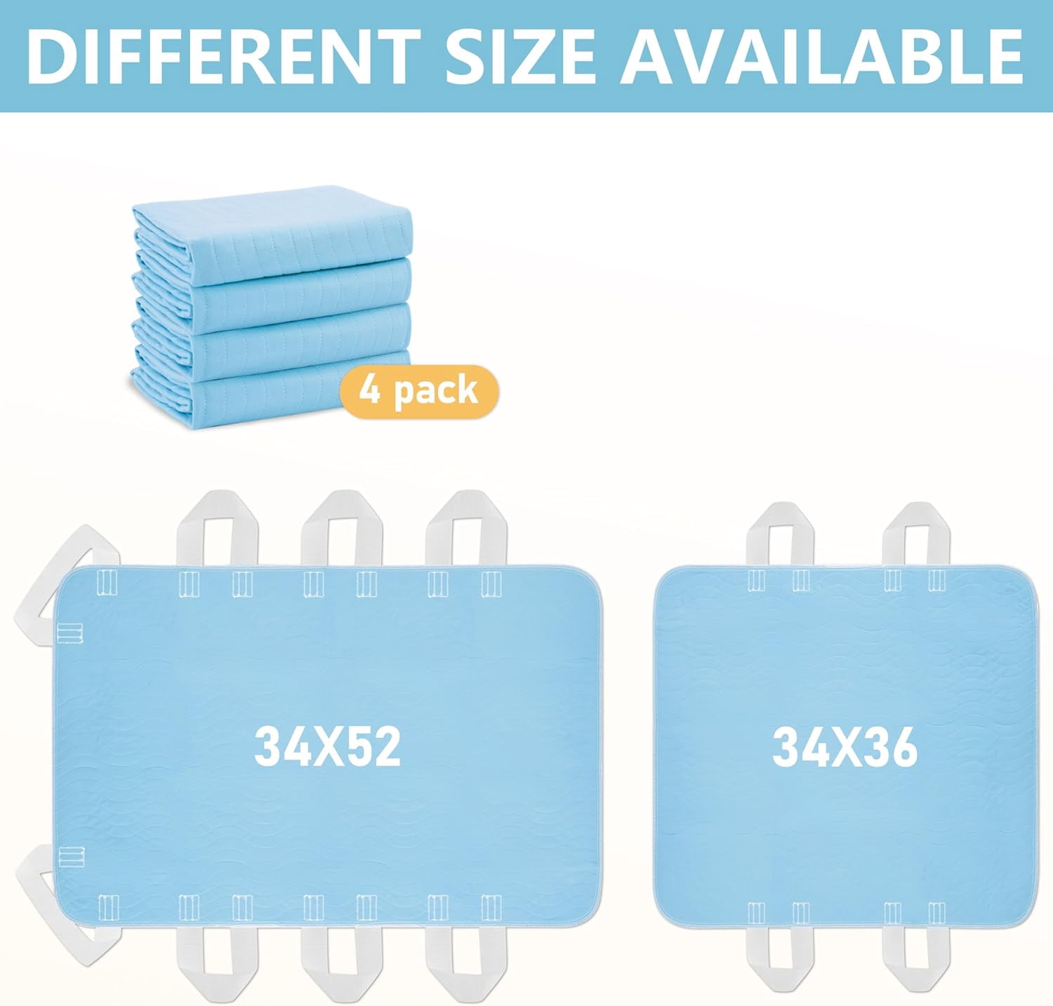 Improvia Positioning Bed Pad 34"x52" with 8 Reinforced Handles,Washable Underpads 4 Pack Incontinence,Heavy Absorbency Reusable for Elderly, Kids Adults, Waterproof Quick Drying for Bed
