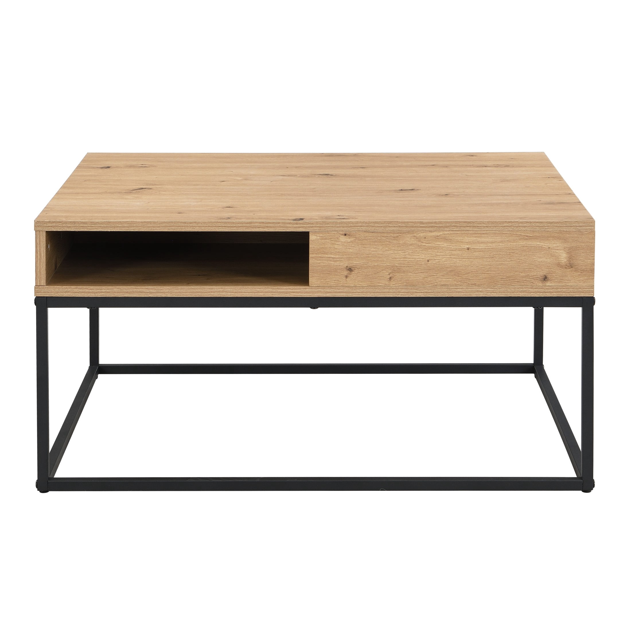 Christopher Knight Home 31.5" Square Coffee Table with Open Storage Shelf and Metal Frame, Black+Oak