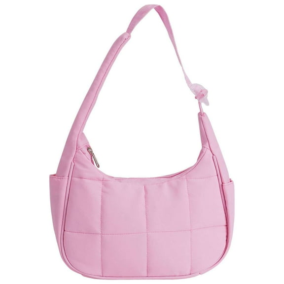 BadPiggies Small Puffer Crescent Shoulder Bag for Women, Nylon Quilted Shoulder Purses, Puffy Handbags with Adjustable Strap (Pink)