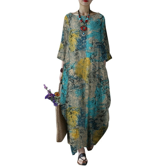 ZANZEA Robes pour Femmes à Manches Longues à Imprimé Floral Kaftan Décontracté Robe Maxi
