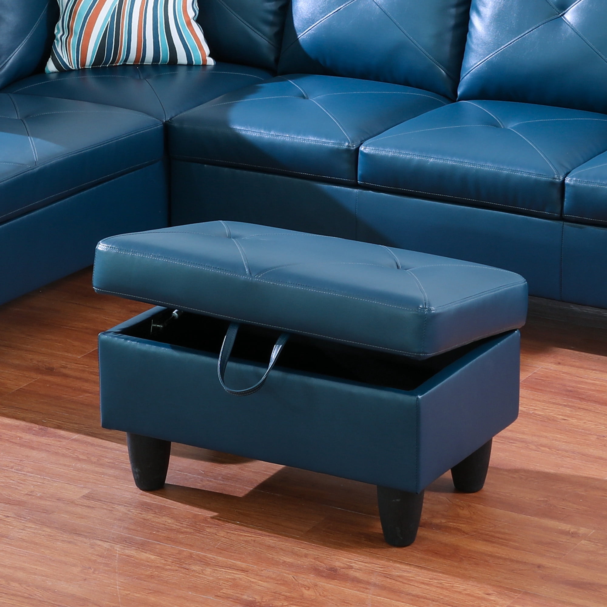 Aukfa 29" Storage Ottoman Bench for Sectional Sofa for Home Office, Lift Top , Leather, Blue