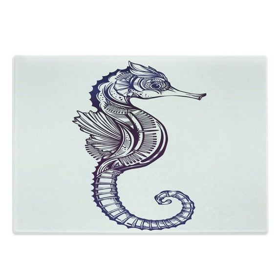 Marine Cutting Board, Boho Seahorse Ocean Animal Aquatic Creature Exotic Nautical Tattoo Art, Decorative Tempered Glass Cutting and Serving Board, Large Size, Dark Purple Pale Mauve, by Ambesonne