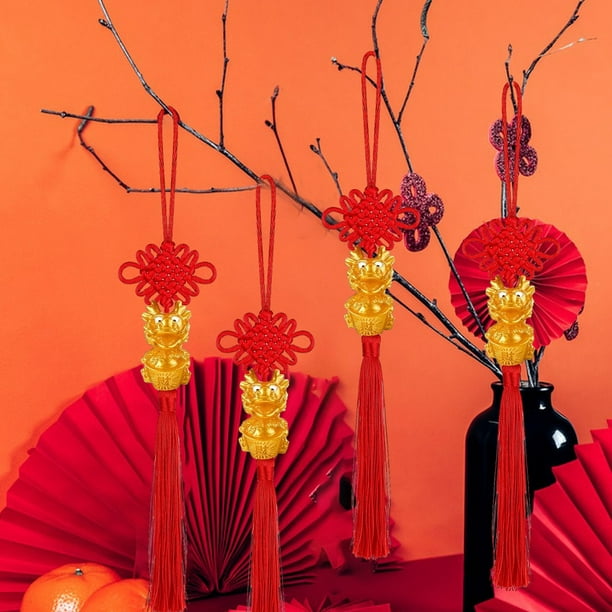 Juego de 4 adornos Feng Shui para Año Nuevo | Borlas colgantes rojas con nudo y monedas para la buena suerte y la riqueza | Decoración para puerta, pared y coche para la fiesta de Año Nuevo chino