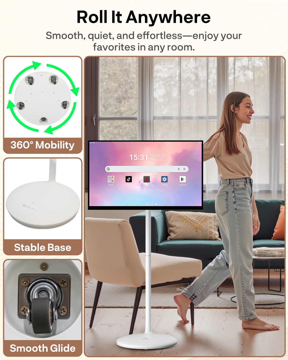 SYLVOX 27" Rolling TV with Camera, Large Tablet on Wheel, 1080p TouchScreen, 10000mAh Battery, Android 14, 8GB RAM+128GB, Voice Remote, Dual 10W Speakers, Full Swivel, White