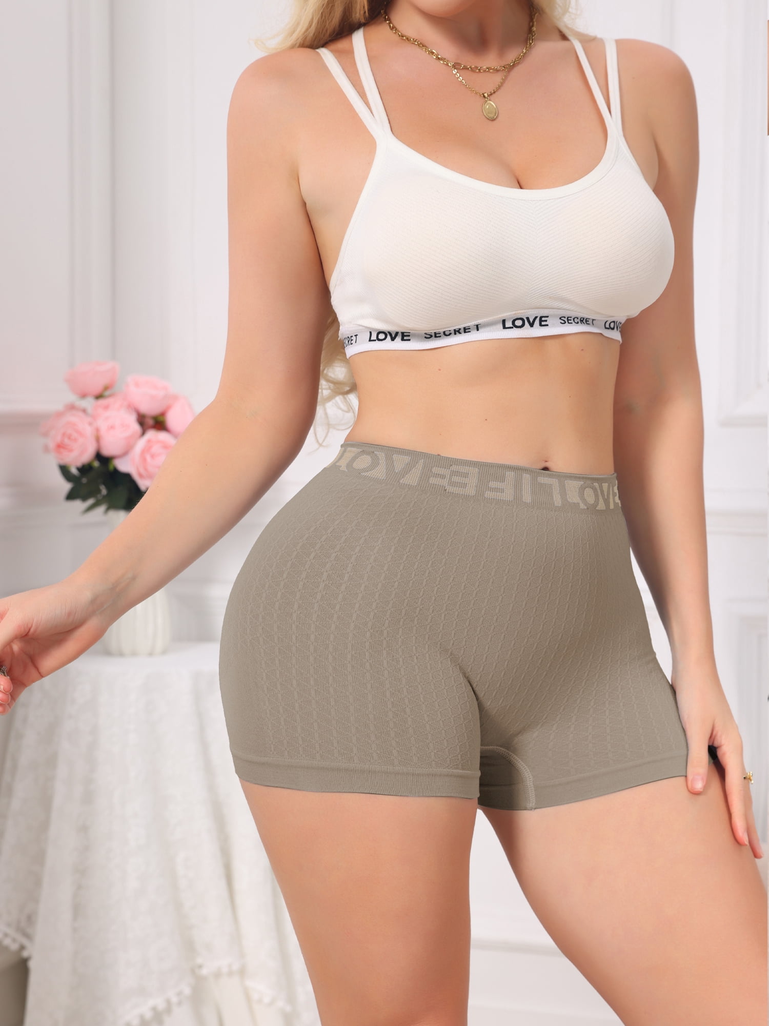 DARING DIVA Women's High Waisted Boyshorts Ribbed Tummy Control Stretchy Panties M Brown