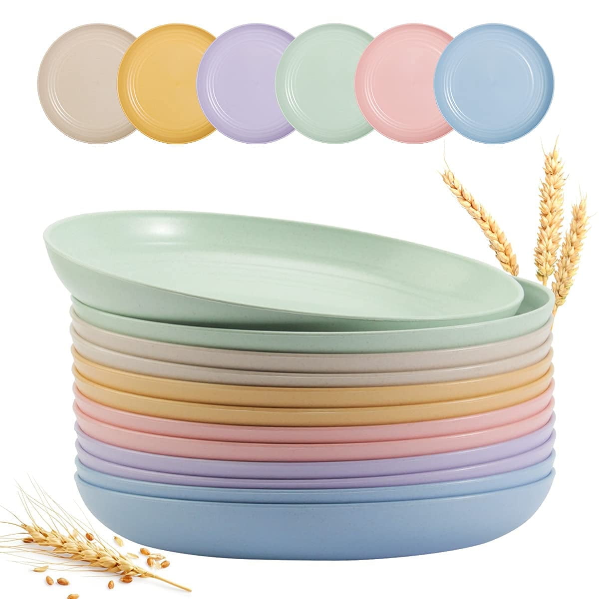 Chaks Choice 12 Pack 9 Inch Lightweight Wheat Straw Plates, Unbreakable Deep Dinner Plates, Plastic Plates Reusable, Assorted Colors Dinnerware Sets, Microwave & Dishwasher Safe BPA Free, Multicolor