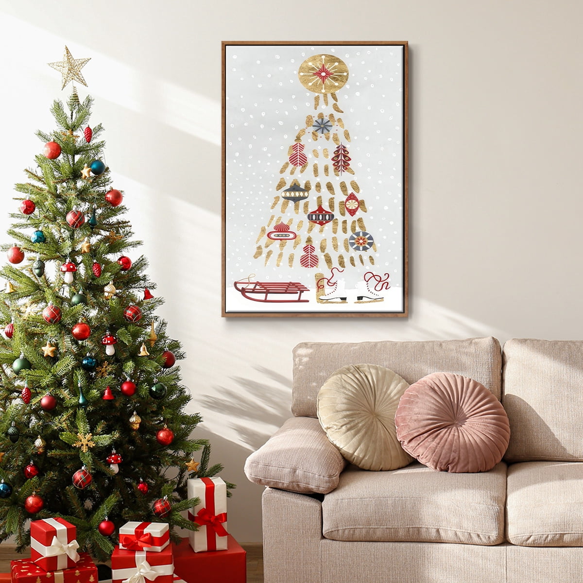 Christmas Chalet Collection B - Framed Gallery Wrapped Holiday Canvas - 25 x 37 - Rosewood Frame