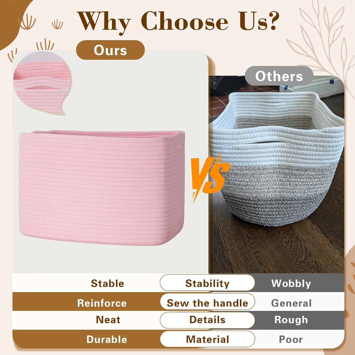 Natubeau 3 Pack Woven Storage Basket for Shelves, Cotton Rope Storage Bins for Toys Books, Storage Baskets for Organizing, 14.96"X9.8"X8.85", Pink