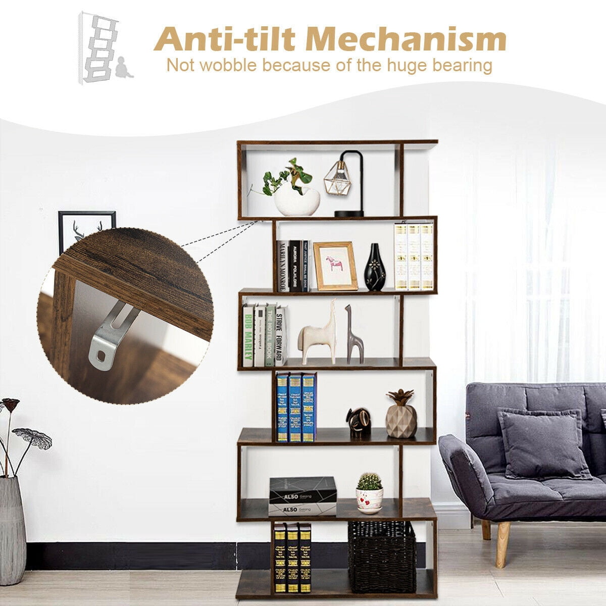 Gymax S-Shaped 6 Tier Bookcase, Brown