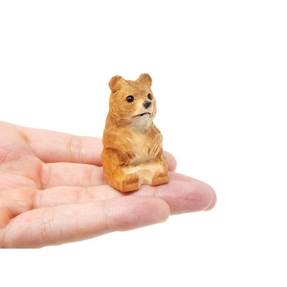 Brown Bear Figurine - Small 2" Wooden Carving Handmade Decoration Miniature Animal Grizzly Forest Statue Art Craft