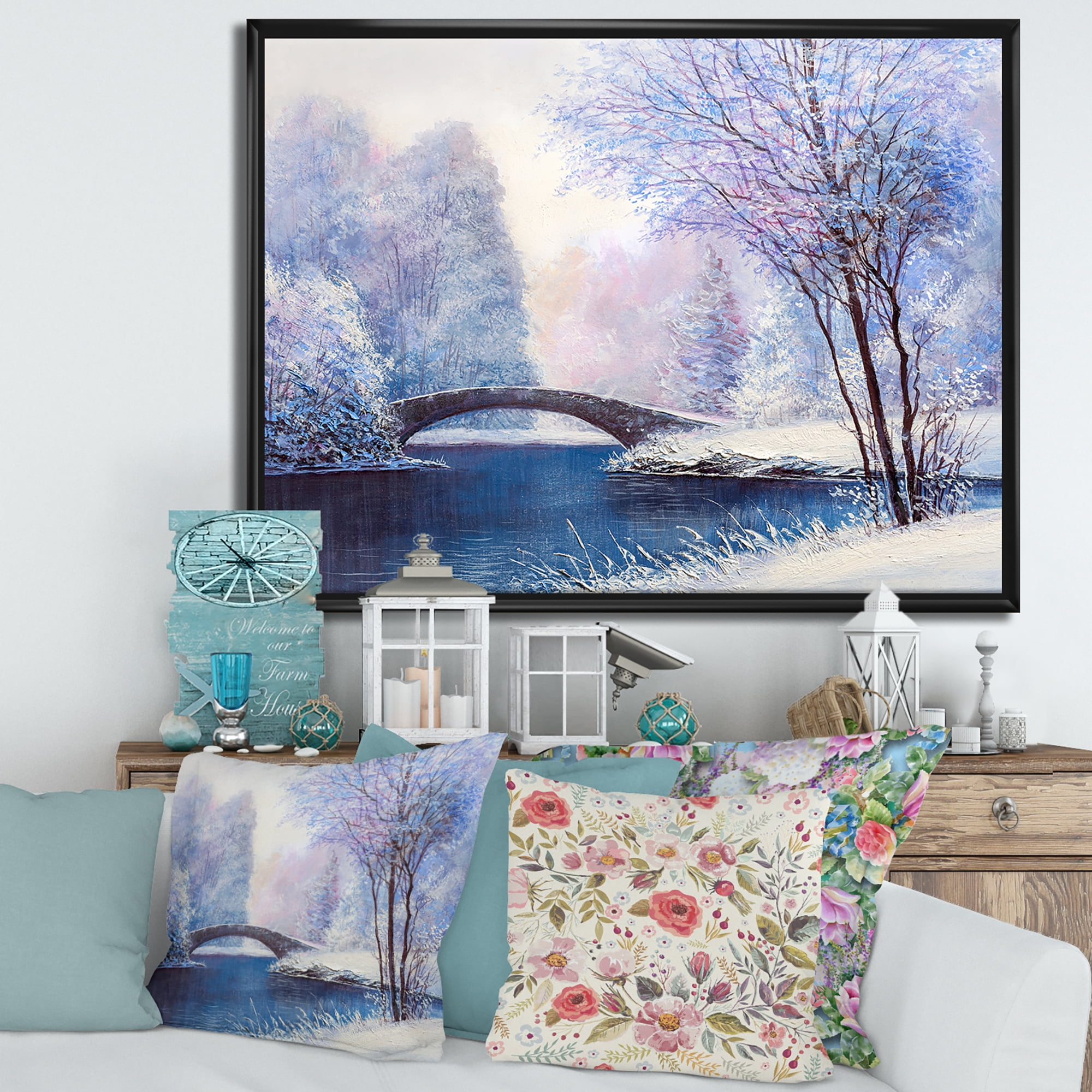 Bridge Of Meandering River With Winter Scenery III 20 in x 12 in Framed Painting Canvas Art Print, by Designart