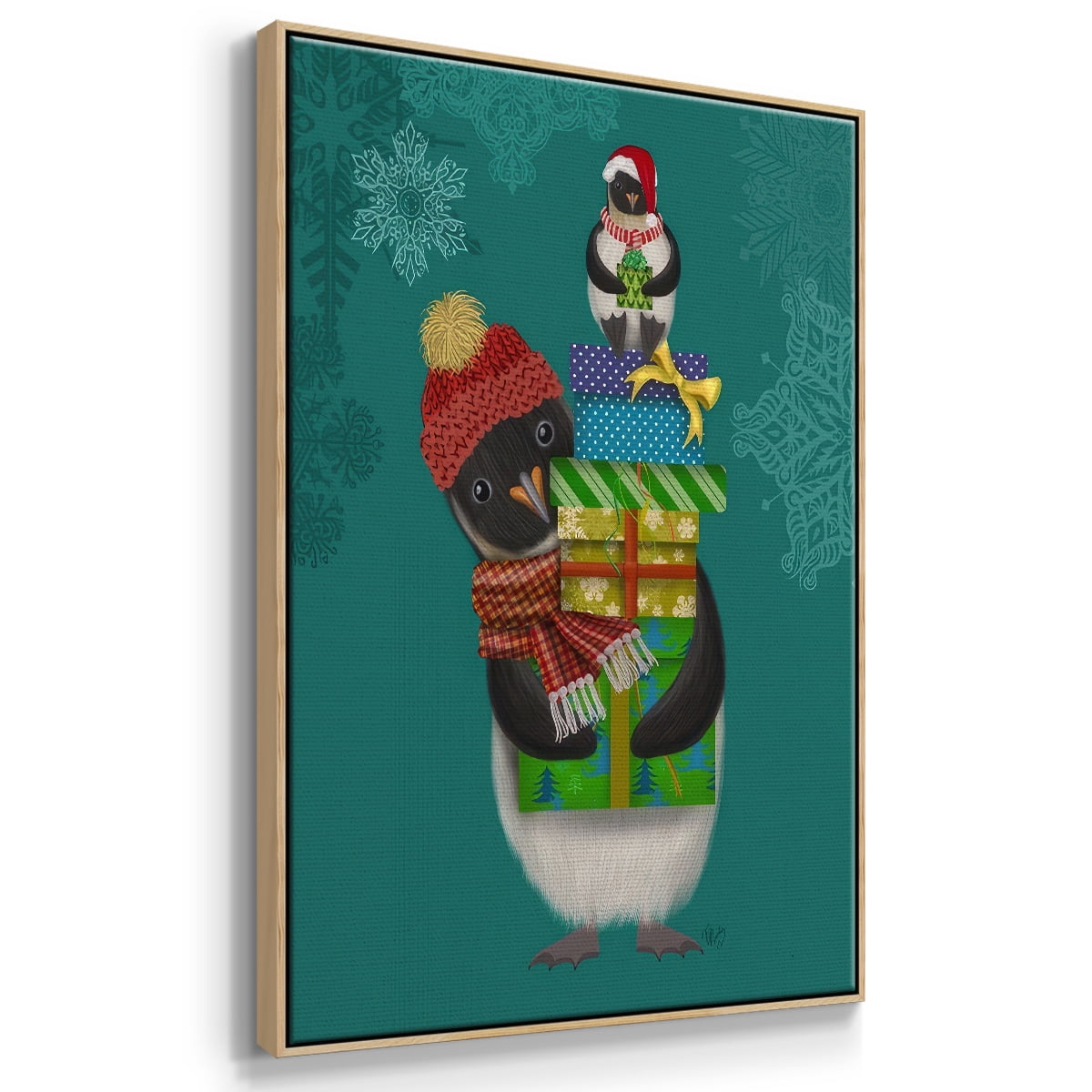 Christmas Penguin Gifts - Framed Gallery Wrapped Holiday Canvas - 27 x 41 - Natural Wood Frame