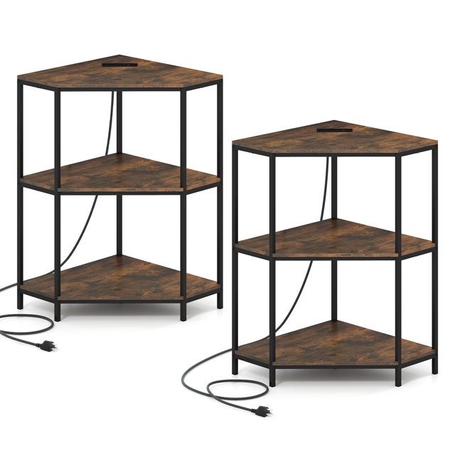 Gymax 2PCS 3-Tier Corner Printer Stand w/Charging Station Metal Frame for Living Room