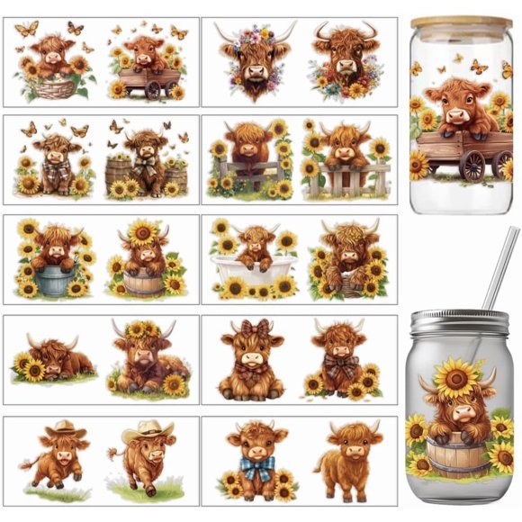 10 Pcs Colorful Highland Cow Small Patterns Cup Printing UV Transfer Papers 10 Styles Butterflies Flowers Bows UV DTF Cup Wrap Stickers for 16 OZ Glass Cups Crafts 9.5x4.3inch