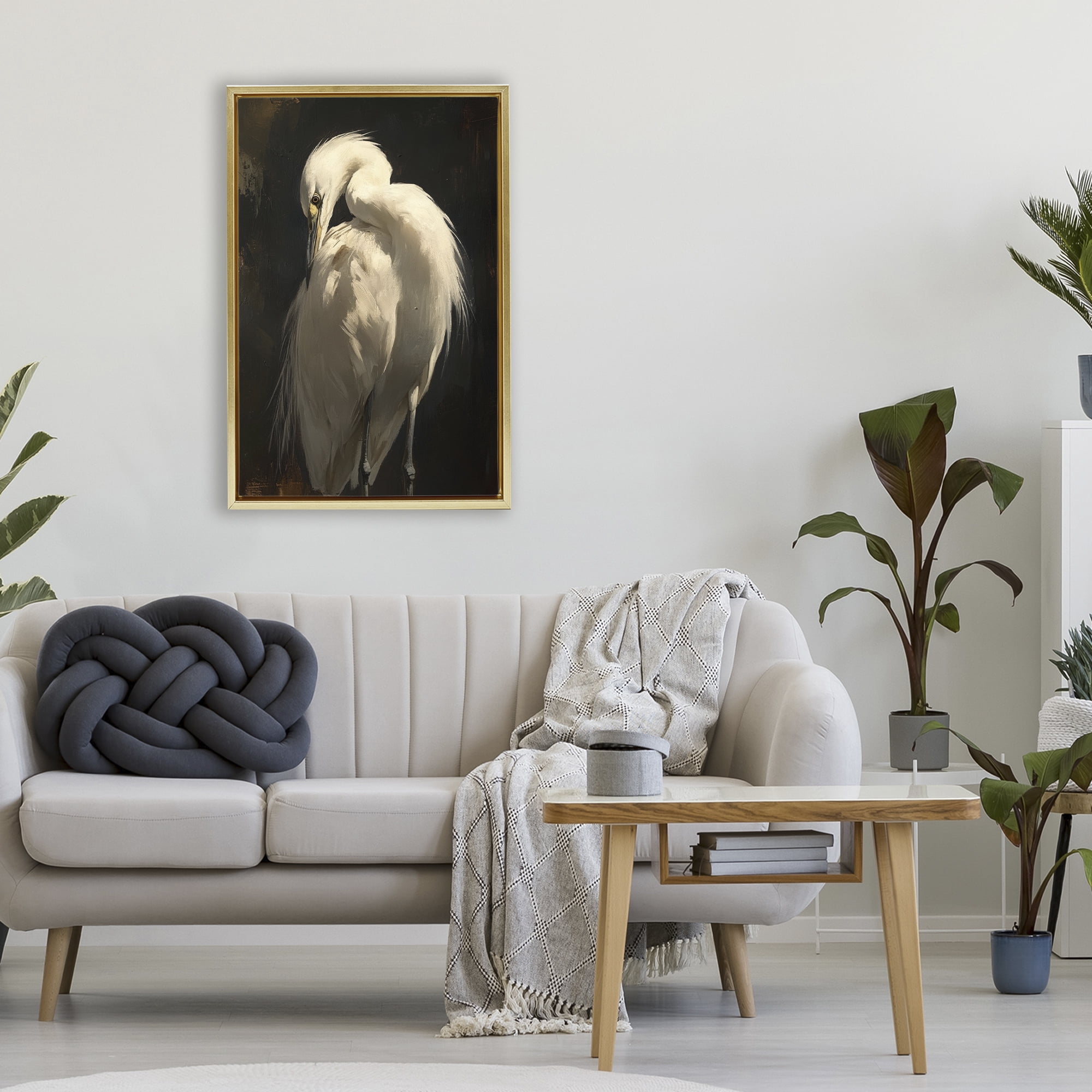 Stupell Industries Feathered Egret in Soft Light Gold Framed Floater Canvas Wall Art, design by Petal Prints Design