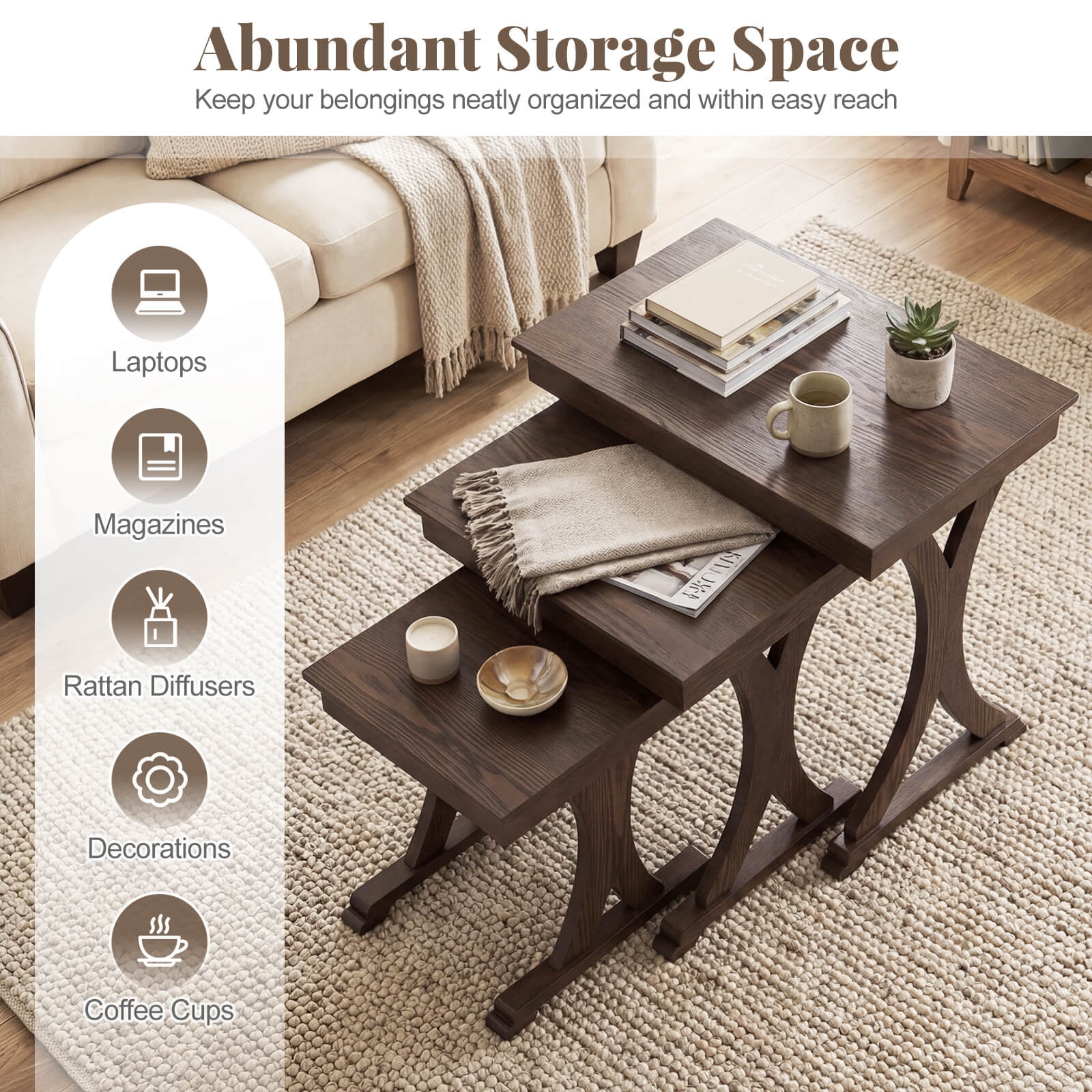 Costway 3PCS Nesting Coffee Table, Side Table with Solid Rubber Wood Legs for Living Room