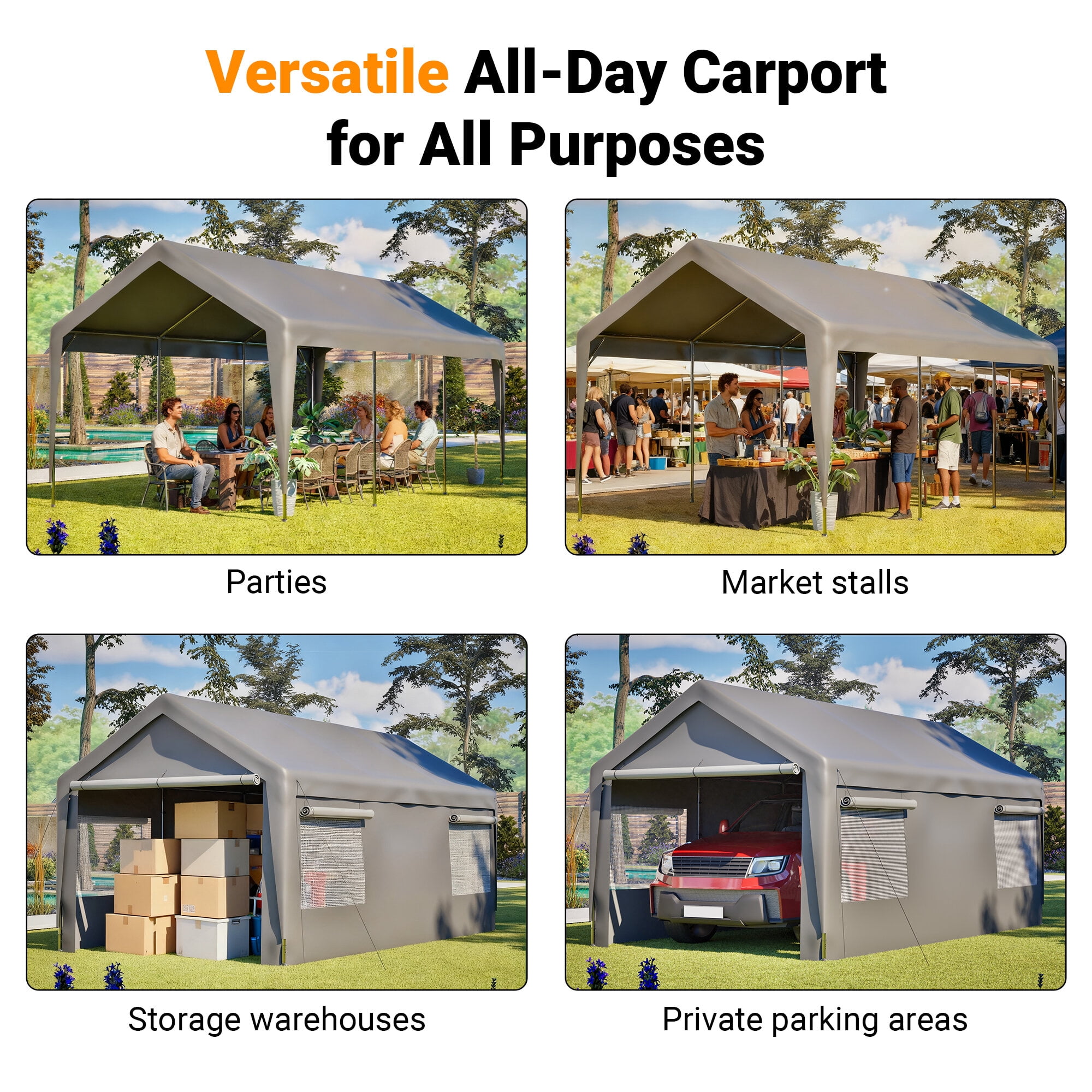 Residential Carports, Carport Canopy 10x20 FT Heavy Duty Boat Car Canopy Garage with Removable Sidewalls and Roll-up Ventilated Windows, Grey Outdoor Carports,Metal Portable Carports