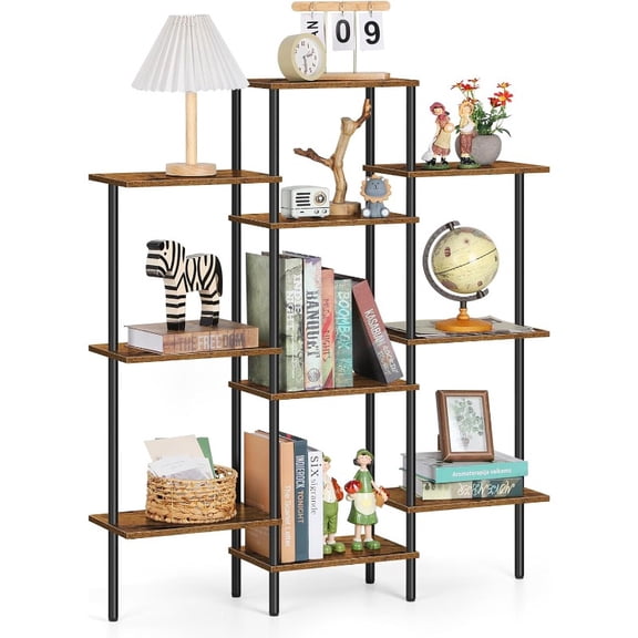 Four-story three-wide bookshelf - open shelf with 10 storage shelves, ideal for storing books, home office, living room, industrial style