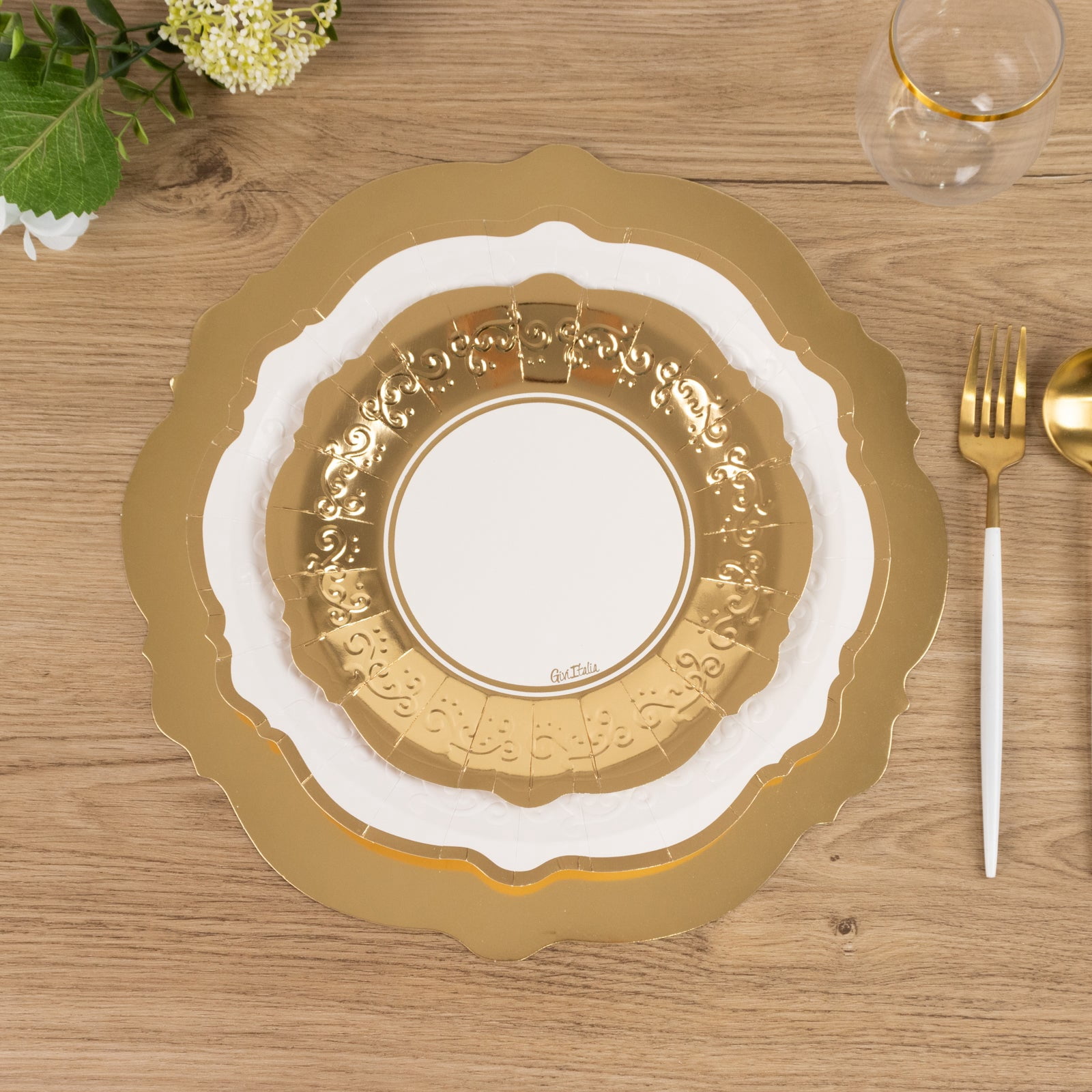 Efavormart 75 Pcs White Gold Heavy Duty Paper Plates with Embossed Scalloped Rim, Round Disposable Charger Dinner Salad Party Plates - 8",10",13"