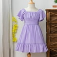 thumbnail image 4 of TQWQT Girls Dresses Size 4-5 Off Shoulder Dress Summer Cute Light Purple Dress Size 10-12 Kids Square Neck Formal Dress Trendy Plain Tween Girls Clothes, 4 of 5