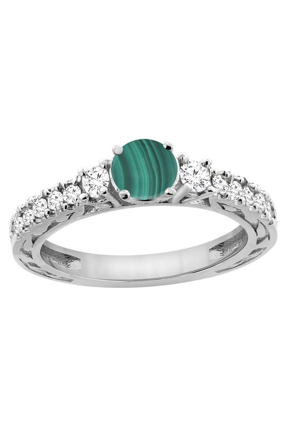 14K White Gold Natural Malachite Round 6mm Engraved Engagement Ring Diamond Accents, size 9