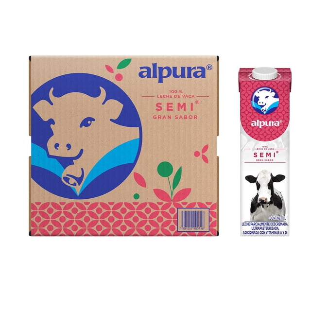 Alpura Leche Semidescremada Ultrapasteurizada 100% de vaca en paquete de 12 piezas de 1 litro cada una. Fuente de proteína y Calcio, adicionada con vitaminas A y D.