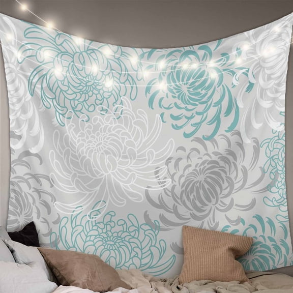 Aqua White Large Tapestry for Bedroom Wall Hanging Tapestry, Abstract Grey Chrysanthemum Flower Floral Ceiling Backdrop Tapestries Poster Blanket Wall Decor for Teens Room Living Room Dorm 100" x 59"