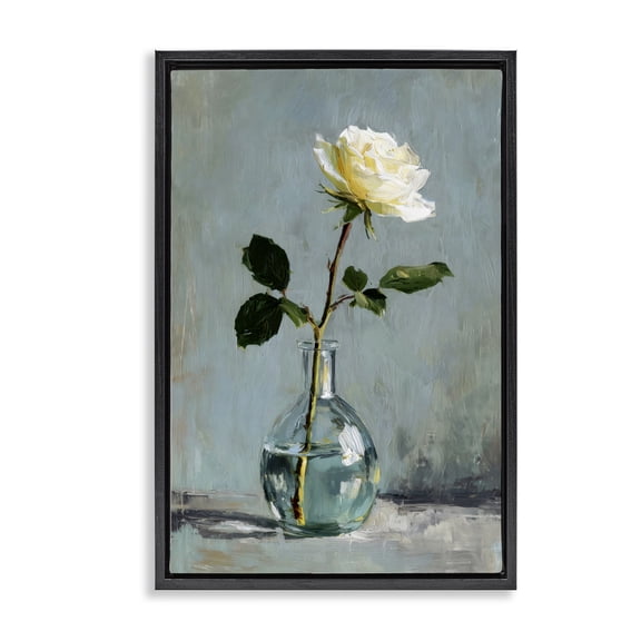 Stupell Industries Victorian Sweet White Rose in Vase Black Floating Frame Canvas Art, 17 x 25, by Petals Prints Design