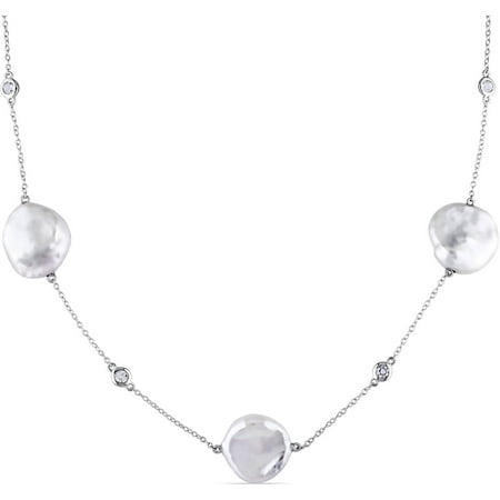 Miabella 16-16.5mm White Fancy Keshi Pearl and 7/8 Carat T.G.W. White Topaz Sterling Silver Station Necklace, 19