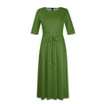 thumbnail image 4 of Nisorays Women's A Line Self Tie Waist Maxi Dress Round Neck 3/4 Sleeve High Waist Plus Size Swing Flare Long Dresses Green 5XL, 4 of 5