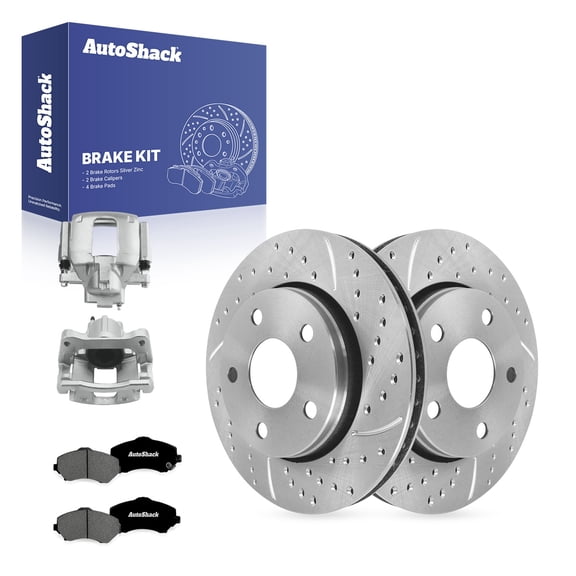 AutoShack Front Vented Drilled & Slotted Silver Zinc Coated Brake Rotors   Premium Ceramic Pads   Calipers 8-PC Brake Kit Replacement for 2013-2017 Jeep Wrangler SilverShield Pro 11.89" (302 mm)