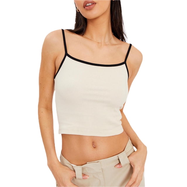 xiaxaixu Women's Basic Crop Cami Tops, Sleeveless Spaghetti Strap Contrast/Solid Color Camisole