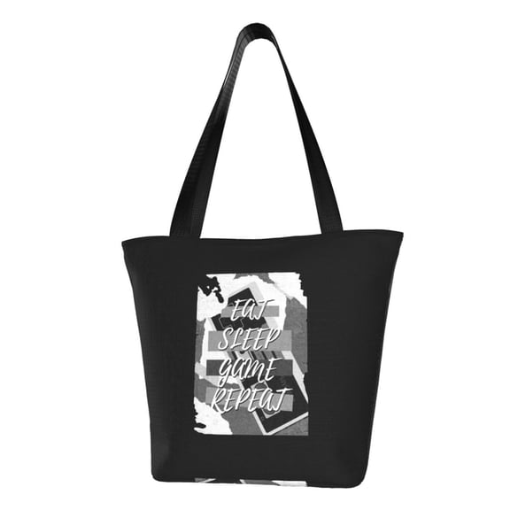 TEQUAN Reusable Shoulder Tote Bags, Black Eat Sleep Game Repeat Poster Prints Polyester Casual Shopping Grocery Bag for Women