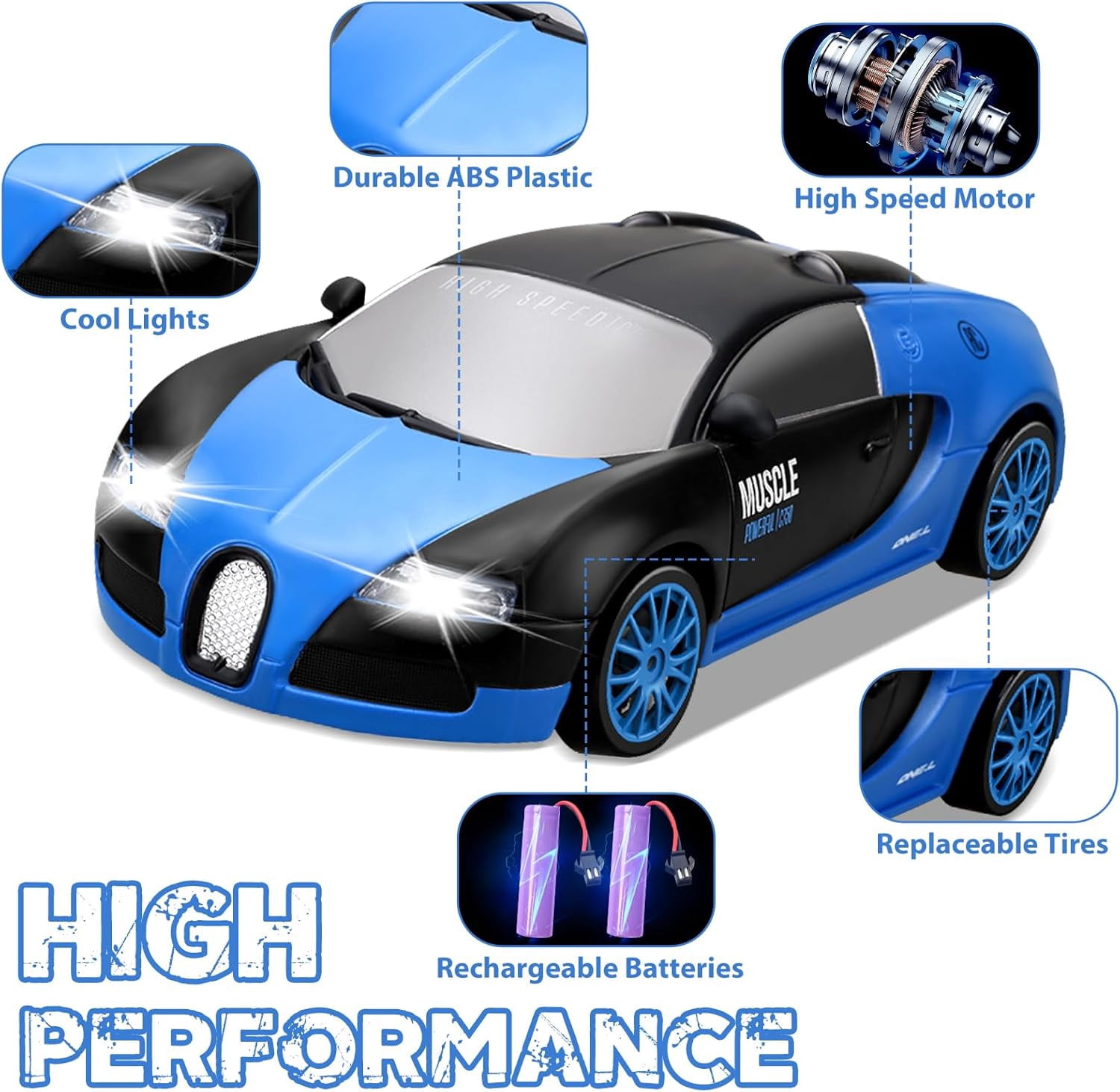 AIGIA 1:24 Scale Remote Control Car RC Drift Car 2.4GHz 4WD 15KM/H High Speed Two Batteries and Extra Tires Toys