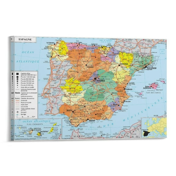 Spain Map Posters Wall Art Picture Painting Poster Canvas Print Posters Artworks Bedroom Living Room Decor 24x36inch(60x90cm)