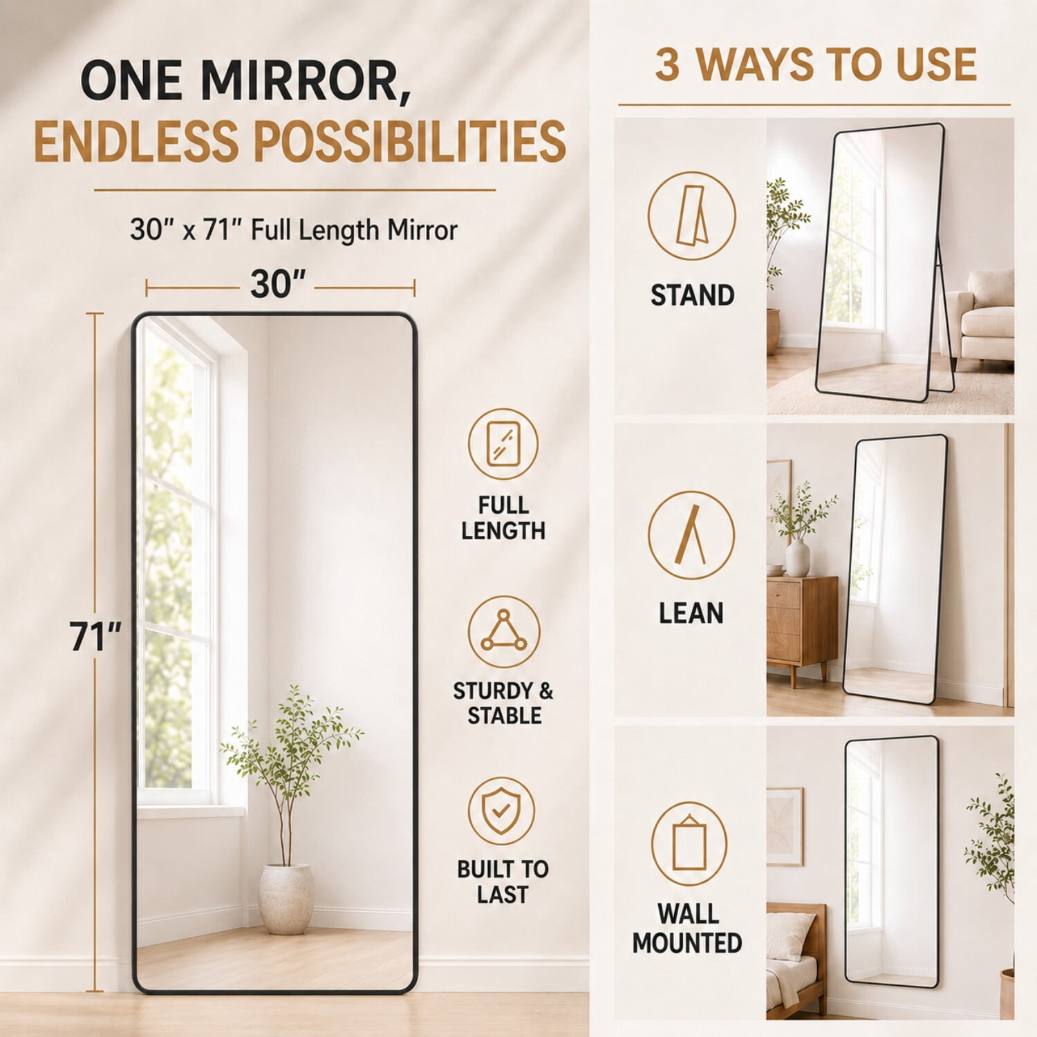 Easy4Home 71"x30" Rectangular Full Length Mirror Round Corner Freestanding Wall Mirror with Metal Frame, Black