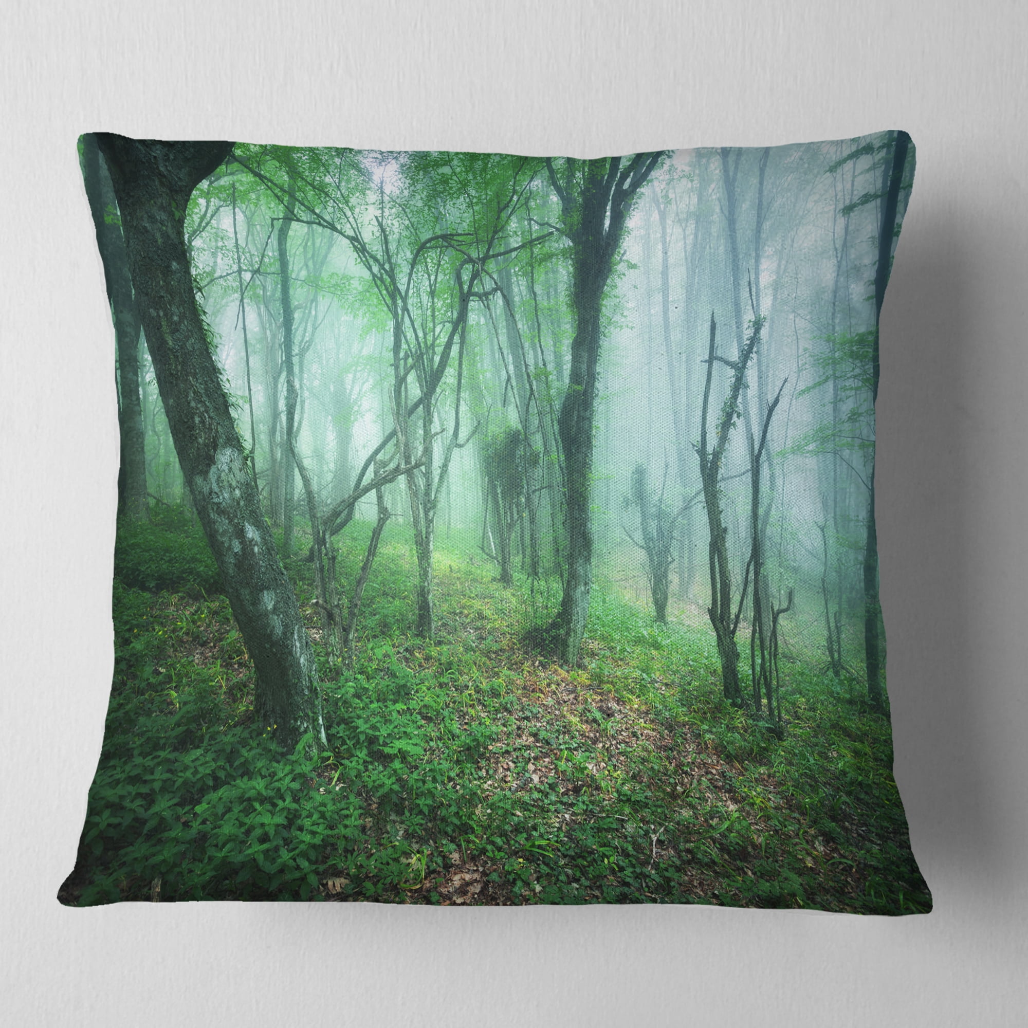 Designart Trail Through Green Forest - Landscape Photography Throw Pillow - 16x16
