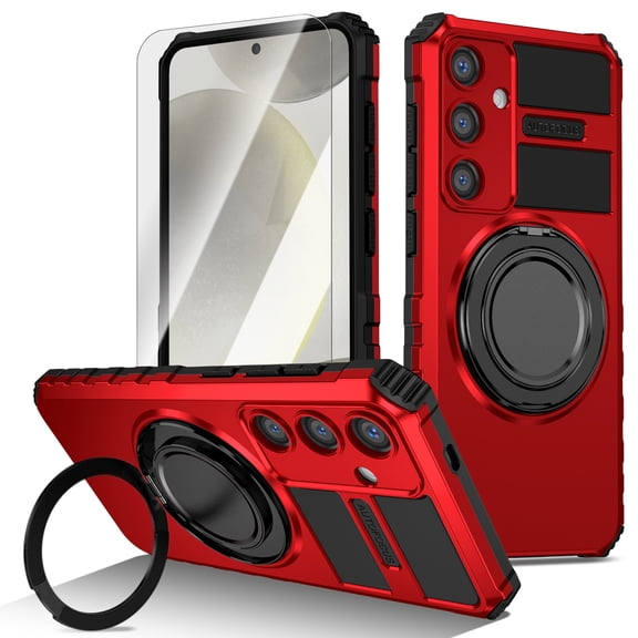 Dteck Rugged Magnetic Ring Kickstand Case for Samsung Galaxy S25, Shockproof Rotatable Stand, Car Mount Compatible, Heavy-Duty Protection with HD Tempered Glass Screen Protector Cover, Orange
