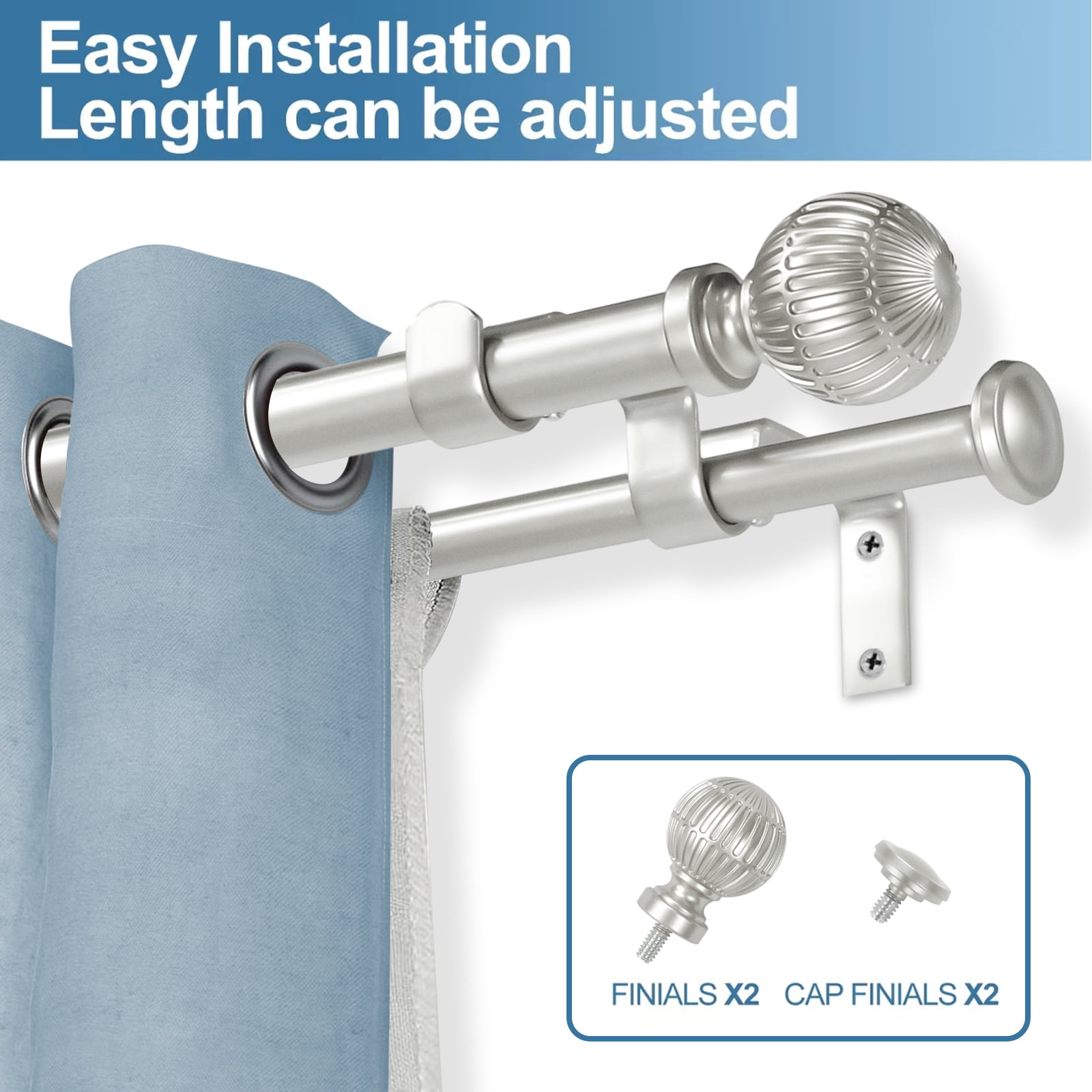 Ridicili 5/8" Telescoping Double Curtain Rods with Volle Finials, Pewter,28"-48", 5/8 Inches Front and 1/2 Inches Back Double Window Drapery Rod