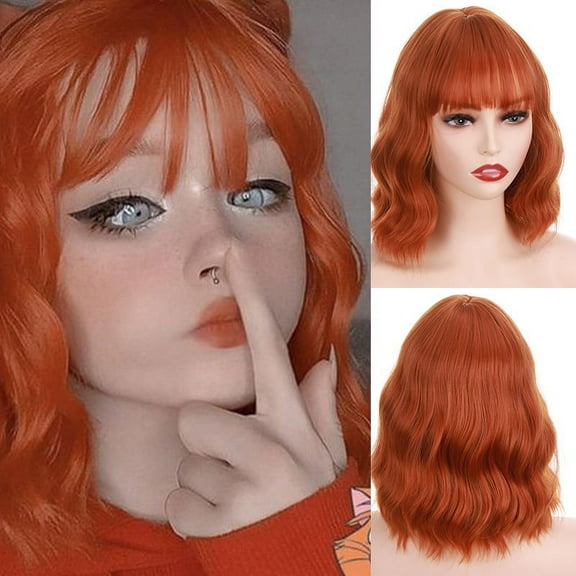UTOURS 14" Orange Wig Short Curly Wig with Bangs Dark Orange Wavy Bob Wig Women Girls Orange Synthetic Hair Wigs with Wig Cap