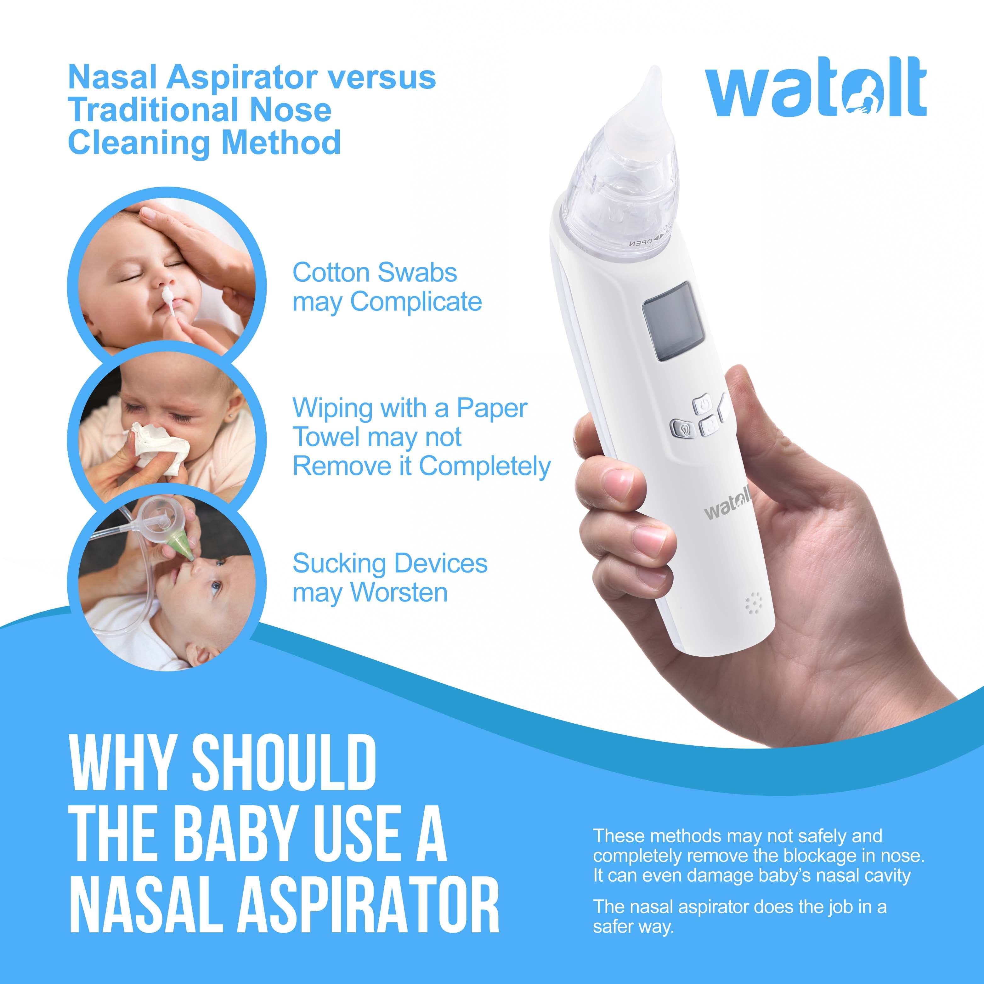 Watolt Baby Nasal Aspirator - Electric Nose Suction for Baby - Automatic Booger Sucker for Infants - Battery Powered Snot Mucus Remover for Kids Toddlers (White, Standard)