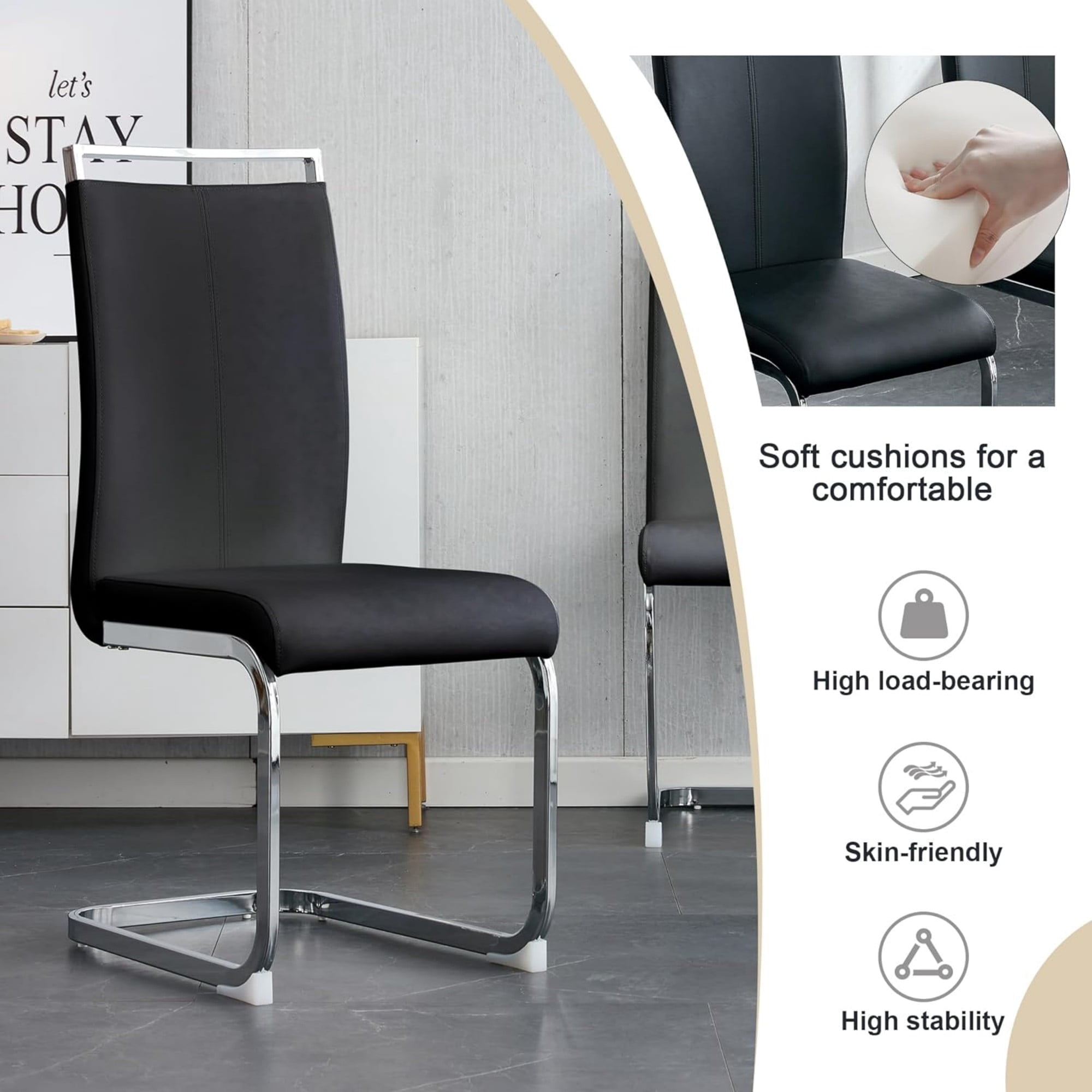 SUDICA Dining Chairs, Black PU Leather Upholstered, Chrome Metal Legs, Set of 2 for Kitchen Dining Room