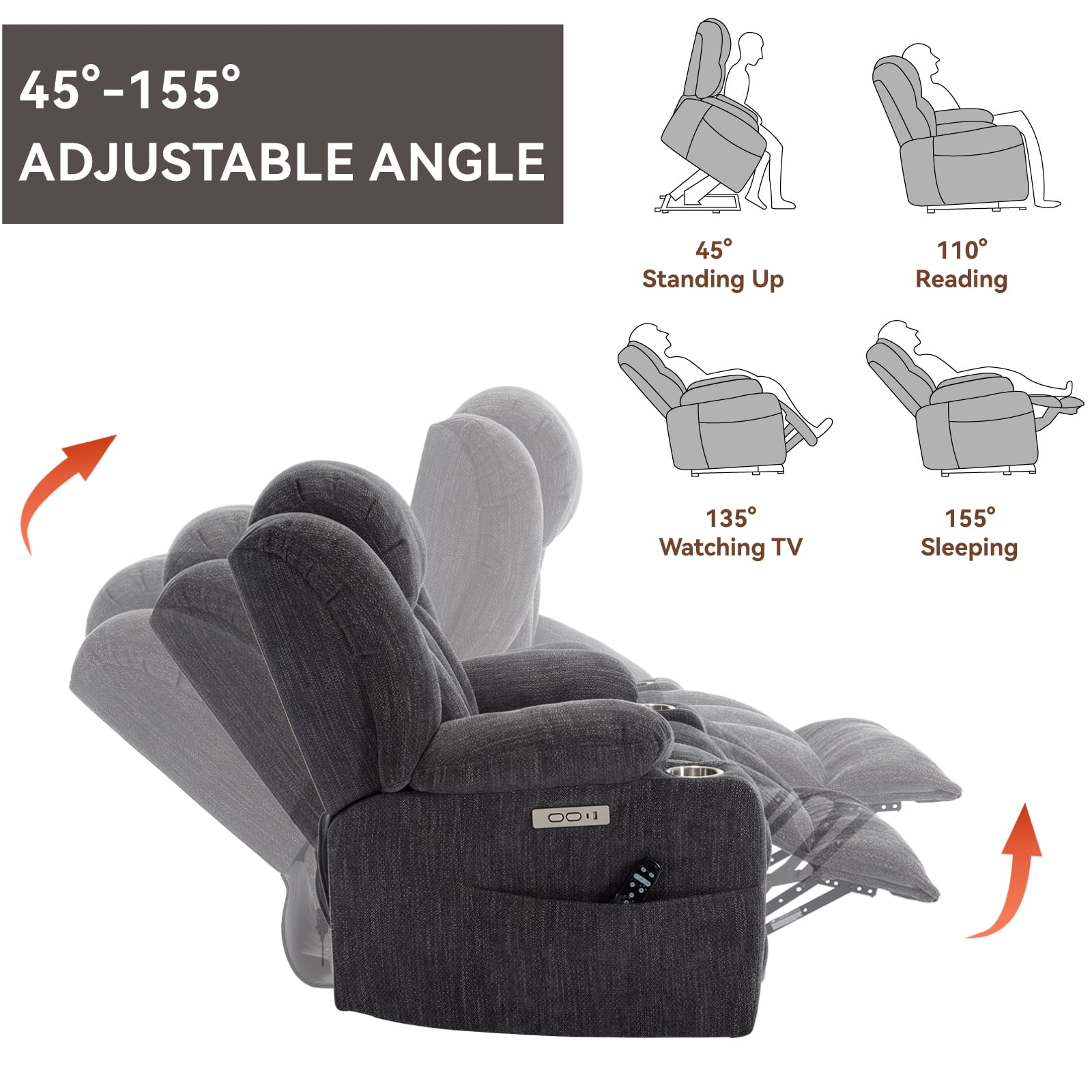 Alvantor Power Lift Recliner Chair for Elderly with Massage and Heat, Chenille Recliners Chair with USB Ports & Cup Holders Drak Brown