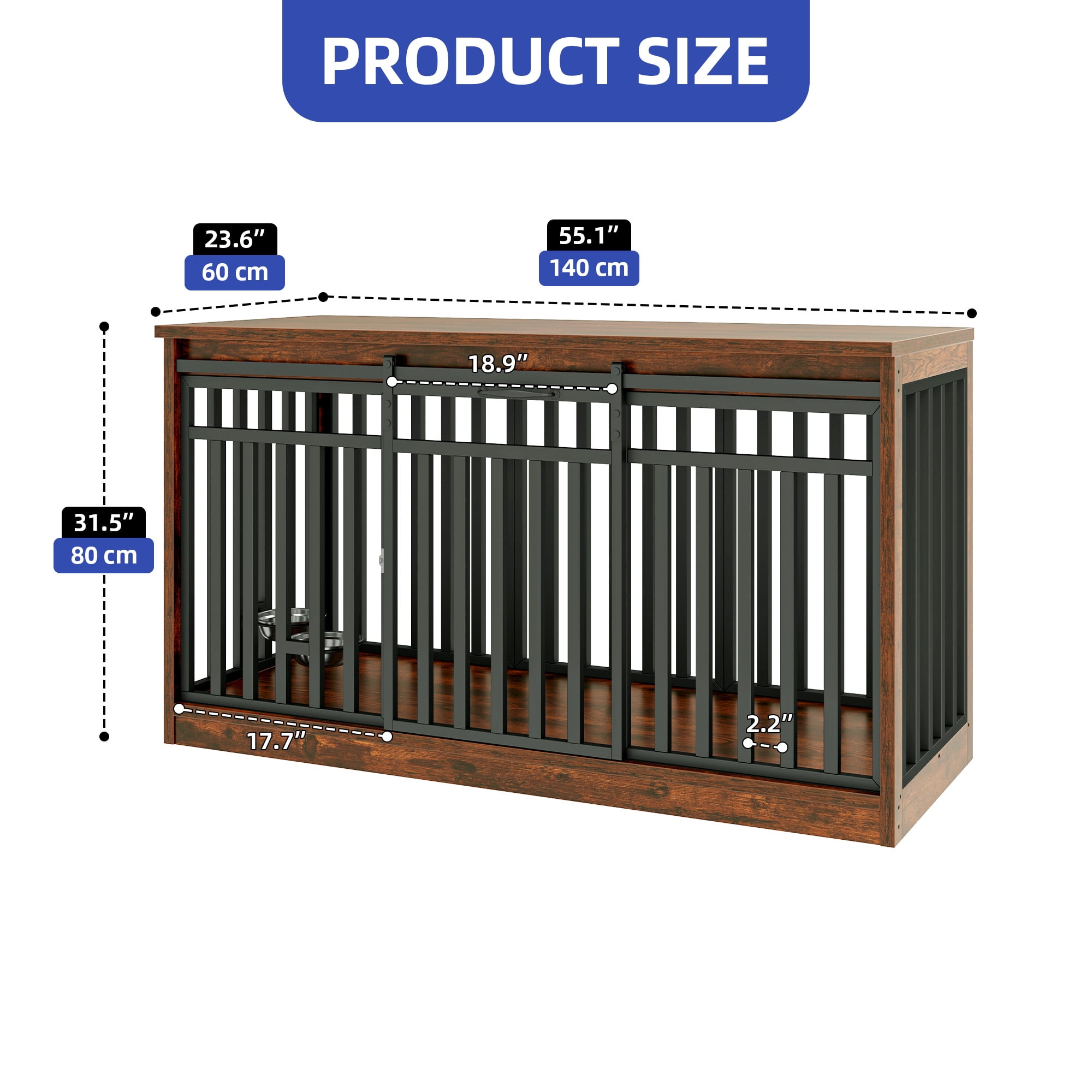 ModFusion 55" Sliding Door Dog Crate Furniture – Heavy-Duty Metal Frame & Vintage Wood Top, Fits Large Dogs up to 110 lbs