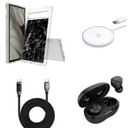 Accessories Pack for Google Pixel 7a Case - Flex Gel Series Cover (Black Marble), Earbuds, 15W Magnetic Wireless Charger, Digital LED USB-C to USB-C Cable (3.3 Feet)