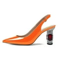 thumbnail image 2 of FSJ Women Classic Crystal Block Chunky Mid Heel Slingback Pumps Closed Pointed Toe Backless Sleek Fashion Office Wedding Dress Shoes Size 10.5 Orange, 2 of 4