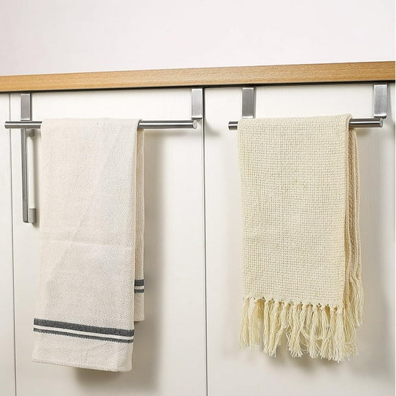 Over Door Towel Rack for Cabinet Towel Holder Over Cabinet Towel Bar, Kitchen Dish Towel Bar for Tea Towels Over The Door Hand Towel Hanger for Kitchen Bathroom Cupboard（2 Pack Silver)