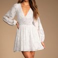 thumbnail image 2 of Robes d'Automne pour Femmes à Col en V Plongeant en Mousseline Ajourée, Manches Longues Bouffantes, Robe Taille Haute Évasée, Mini-Robe, 2 of 4