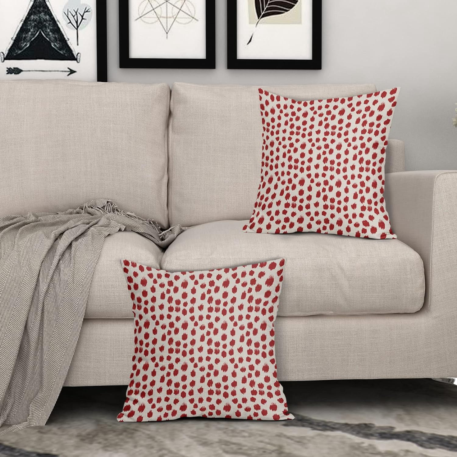 Red Cream Pillow Covers 20x20 Set of 2 Boho Design Polka Dot Throw Pillows Modern Brush Strokes Print Decorative Outdoor Pillowcase Square Cushion Cover Linen Pillow Case for Home Sofa Couch Bed